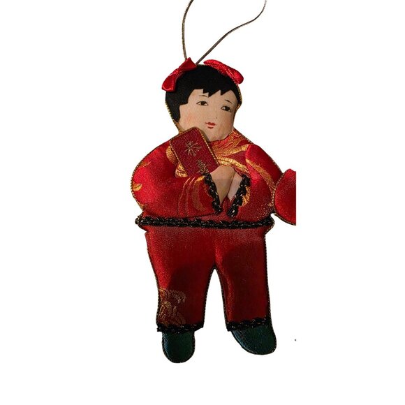 4 Vintage Ornament Dolls Fabric Asian-Inspired In Red & Blue With Gold Accents - Picture 6 of 8